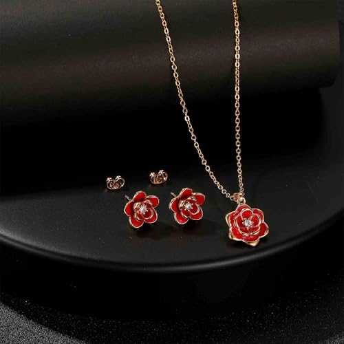 EVEVIC Dainty Flower Pendant Necklace Earrings for Women 14K Gold Plated Hypoallergenic Jewelry Sets - color: Red /Rose Gold-tone