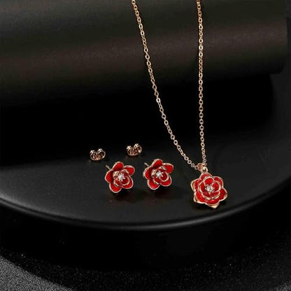EVEVIC Dainty Flower Pendant Necklace Earrings for Women 14K Gold Plated Hypoallergenic Jewelry Sets - color: Red /Rose Gold-tone