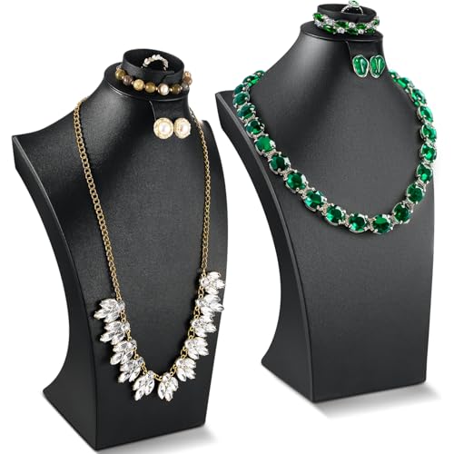 Wenqik 2 Pcs PU Leather Jewelry Display Bust, 12.4 Inch Multi-Functional Necklace Mannequin Holder Stand Display Necklaces Bracelets Earrings Rings for Vendors Jewelry Selling Trade Show - color: Black