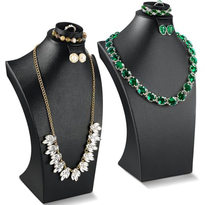 Wenqik 2 Pcs PU Leather Jewelry Display Bust, 12.4 Inch Multi-Functional Necklace Mannequin Holder Stand Display Necklaces Bracelets Earrings Rings for Vendors Jewelry Selling Trade Show - color: Black