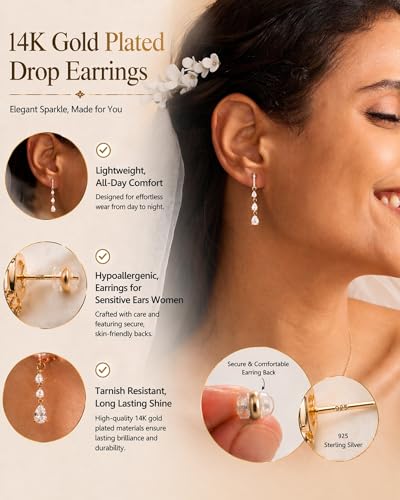 14K Gold Plated/Sterling Silver CZ Pearl Drop Dangle Earrings for Women - color: Gold-Long CZ