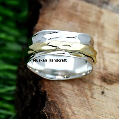 925 Sterling Silver Hammered Spinner Ring for Women Two Tone Gold Fidget Anxiety Ring Wide Band Custom Size 4 to 15 US Meditation Gift