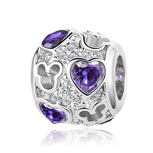 LSxAB Heart Mouse Charms for Pandora Bracelet for Women Silver Love Birthstone Charm for Bracelet Necklace Pendant for Women Jewelry - style: Purple