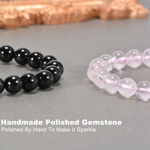 2PCS Agate Bracelet for Women Men Natural Round Beaded Agates Stone Healing Stretch Bracelets Elastic Handmade Polished Gemstone Beads Bracelet - color: Black+Pink Quartz, size: 8mm Beads