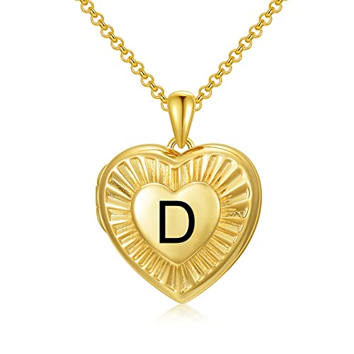 SOULMEET 10K 14K 18K Solid Yellow Gold/Plated Gold Locket Radiation Initial Heart Locket Necklace that Holds Pictures Personalized Photo Locket Necklace Alphabet A-Z - style: D-locket only