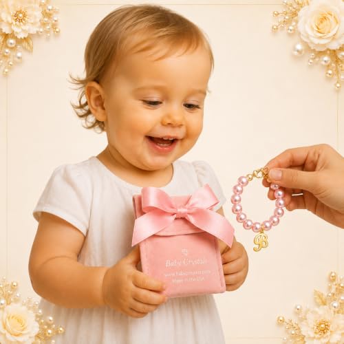 Baby Crystals Custom 14K Gold-Plated Initial Bracelet Charm, Birthday Keepsake Jewelry - style: Rosaline Pearls