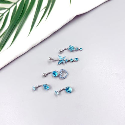 5PCS Crystal Belly Button Ring for Women Dangle Navel Belly Piercing Jewelry Cute Bow Butterfly Heart Angel wings Navel Belly Rings 14G Silver Surgical Steel Belly Button Stud - color: Bule-5pcs