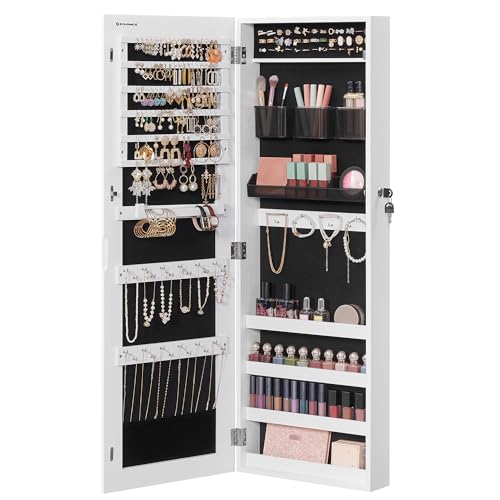 SONGMICS Jewelry Cabinet Armoire, Lockable Wall-Mounted Organizer Unit with 2 Plastic Cosmetic Storage Trays, Full-Length Frameless Mirror, White UJJC001W01 - color: White, style: 42.5-Inch Basic