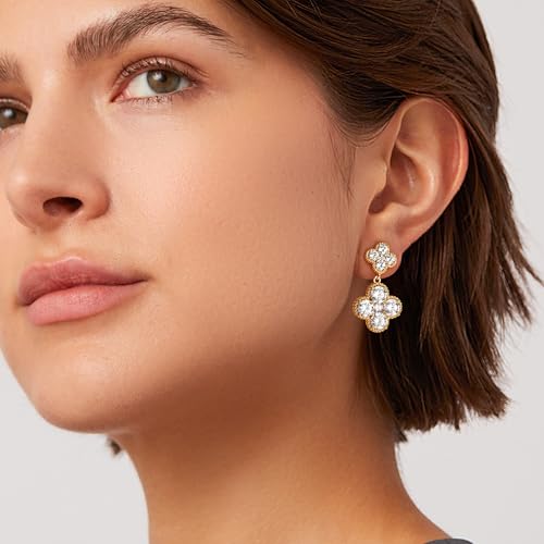 MTMY Dangle Earrings for Women 14K Gold Plated Four Leaf Clover Dangling Drop Birthstone Stud Earrings Trendy Flower Birthstone Jewelry Birthday Gifts - style: Apr.-Clear Crystal