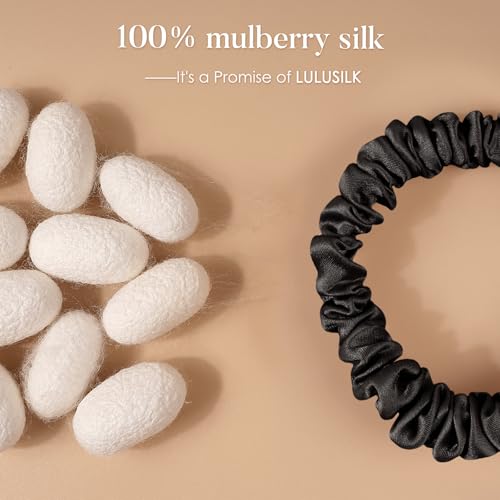 LULUSILK Small Silk Hair Ties No Damage, 100% Real Mulberry Silk, Skinny Scrunchies Ponytail Holders for Thin Fine Hair, Black, Pack of 3 - color: Black