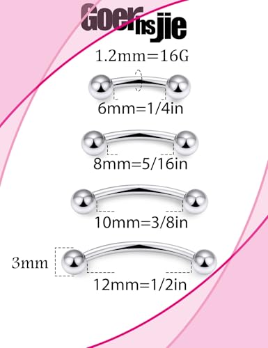 16g 6/8/10/12mm Silver/Black Eyebrow/Rook/Snug/Vertical-Labret/VCH/Snake-Eyes/Anti-Tragus/Christina/Daith/Belly-Button/Bridge/Hood/Surface Curved Barbell Piercing Jewelry for Women Men - color: Silver