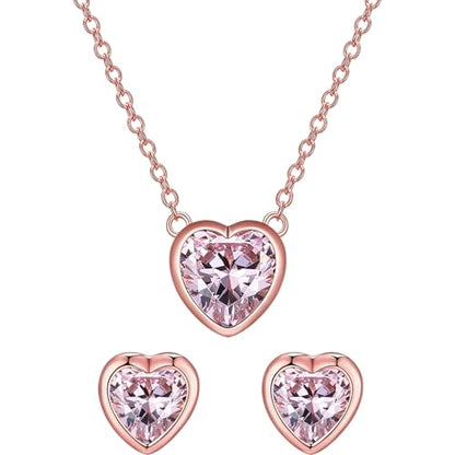925 Sterling Silver Cubic Zirconia Necklace and Earrings Set for Women, Heart, Cushion, Round, Emerald Cut CZ, Solitaire Bezel Jewelry Set, CZ Bridal Jewelry Set, Bridesmaid Gift - style: Heart Cut(Rose Gold)
