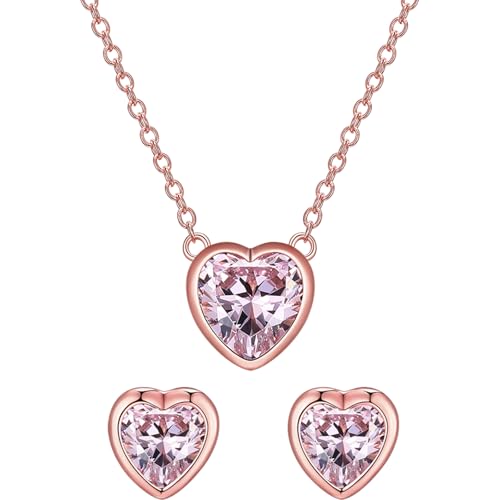 925 Sterling Silver Cubic Zirconia Necklace and Earrings Set for Women, Heart, Cushion, Round, Emerald Cut CZ, Solitaire Bezel Jewelry Set, CZ Bridal Jewelry Set, Bridesmaid Gift - style: Heart Cut(Rose Gold)