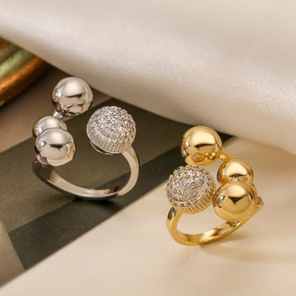 18K Gold Plating Ball Statement Ring Charm Cubic Zirconia Adjustable Open Band Jewelry for Women - color: Silver