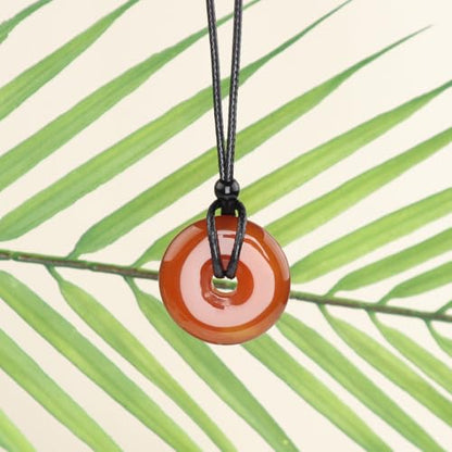 Anjiucc Natural Gemstone Pendant Necklce Lucky Coin Crystal Necklace Donut Pendnat with Adjustable Rope Healing Crystal for Men - color: Red Agate