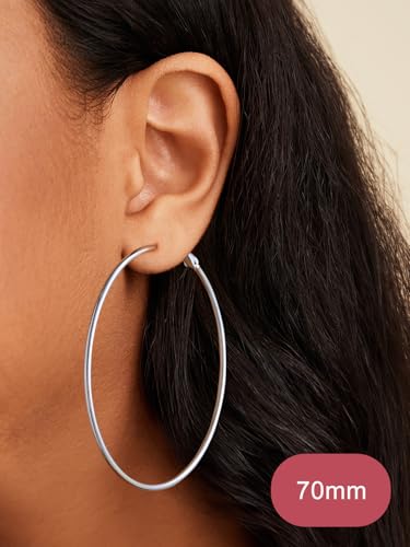 FOCALOOK 14K Gold Plated Lightweight Large Hoops| 2mm Thin Hoop Earrings for Women 30/40/50/70/100mm - color: 01.Silver, size: 70mm