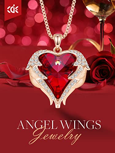 CDE Angel Wings Heart Birthstone Pendant Necklace Gift for Women | Silver/Gold Tone,Ideal Birthday & Anniversary Jewelry Gift for Wife,Girlfriend,Her - color: Rose Gold-01&07-Ruby Red Birthstone