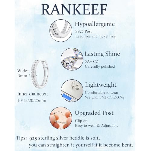 RANKEEF Small Rhinestone Hoop Earrings 925 Silver Everyday Cartilage Hoops Hypoallergenic Dainty 14K Gold Plated Huggie Sparkle Double Row Cubic Zirconia Hoop Earrings 10/15/20/25mm - color: Silver, size: 25mm