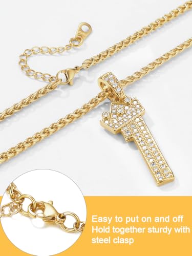 U7 Crown Initial Necklace Men Women, Bling Diamond A-Z 0-9 Letter Pendant with Wheat Chain, Silver/Black/Gold Plated CZ Alphabet Number Hip Hop Jersery for Father Husband - color: a. Gold, size: 28. 1