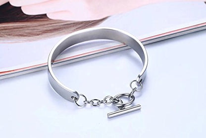 DIB Free Engraving Stainless Steel Minimalist Shiny Cuff Bangle Bracelets with Toggle Clasp for Women Oval Shape Silver