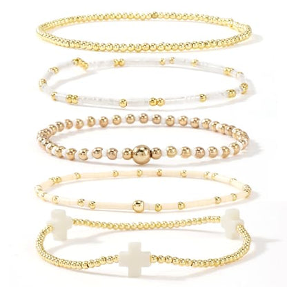 Gold Beaded Bracelets Stack for Women Stackable 14K Gold Plated Beads Ball Cross Bracelet Boho Christian Jewelry Faith Friendship Birthday Gifts for Women - color: White