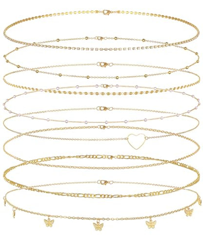 Tornito 8Pcs Waist Belly Chain CZ Heart Pearl Snake Bead Sequin Paperclip Belly Chain Summer Beach Sexy Body Chains Jewelry Accessories for Women Adjustable - style: C:8Pcs(Butterfly)