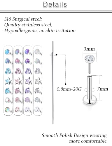 20G 18G 16G Threadless Lip Labret Nose Rings Studs Flat Back Earrings 316L Surgical Steel Snake Bites Lip Medusa Monroe Rings Push in Cartilage Tragus Helix Conch Earrings Studs 6mm 8mm 10mm - color: Silver-20G（0.8mm)-7mm Bars-3mm CZ