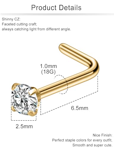 Cisyozi 18G Nose Rings Studs Hypoallergenic Nose Piercings 316L Surgical Steel Silver Nose Rings Set L Shaped Nose Nostril Piercing Jewelry for Women Men Diamond CZ 1.5mm 2mm 2.5mm 3mm 3.5mm 4mm - color: 18G - Gold- CZ 2.5mm