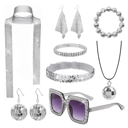 70s Disco Accessories Women's Disco Costume Jewelry Set | Sequin Scarf Earrings Sunglasses Bracelet Headband Disco Ball Necklace Earrings Bracelet