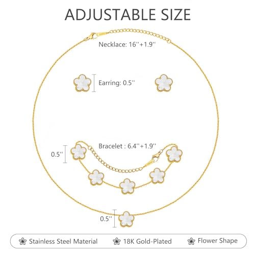 Clover Jewelry Set for Women, 18K Gold Plated Necklace Bracelet & Stud Earrings Set, Stainless Steel Non Tarnish Gold Jewelry Set, Lucky Necklace and Earring Set Gift for Her - color: White