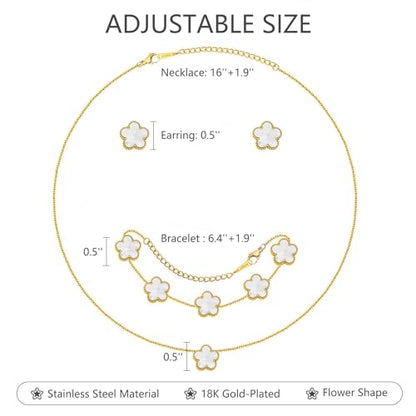 Clover Jewelry Set for Women, 18K Gold Plated Necklace Bracelet & Stud Earrings Set, Stainless Steel Non Tarnish Gold Jewelry Set, Lucky Necklace and Earring Set Gift for Her - color: White