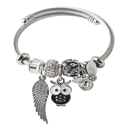 DS Charm Bracelets for girls,exquisite cute cartoon friendship bracelets Silver Stainless Steel Bangle with birthday Gift box, Adjustable girls jewelry Suitable for holiday gifts - style: Silver-owl