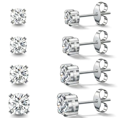 4 Pairs Silver CZ Stud Earrings Set, 316L Surgical Steel | 3/4/5/6mm round CZ studs with butterfly backs and 316L surgical steel posts for lobe, helix and ear stacks. - style: Silver-B-1