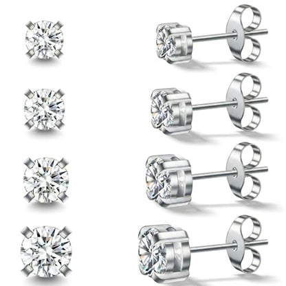 Stainless Steel Stud and Hoop Earrings Sets for Ear Stacks | Choose gold or silver pearl studs, CZ studs, flat backs, butterfly backs, hoops and multi-pair ear stack sets. - color: 4 Pairs 20G Silver