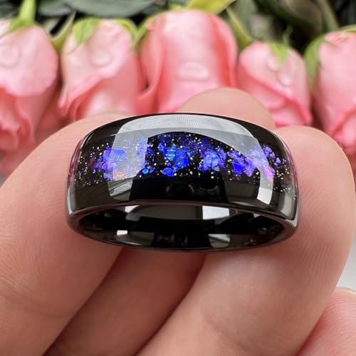 TUTISS 8mm Silver/Black/Gunmetal Tungsten Rings for Men Women Orion Nebula Opal Galaxy Fragment Inlay Fashion Jewelry Engagement Wedding Promise Band Polished Shiny Comfort Fit - color: 8mm Black Tungsten