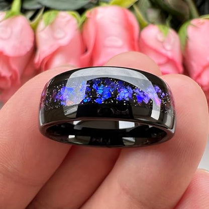 TUTISS 8mm Silver/Black/Gunmetal Tungsten Rings for Men Women Orion Nebula Opal Galaxy Fragment Inlay Fashion Jewelry Engagement Wedding Promise Band Polished Shiny Comfort Fit - color: 8mm Black Tungsten