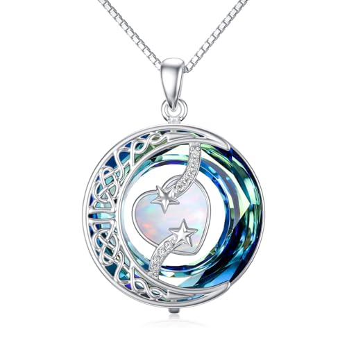 TOUPOP Birthstone Necklace Women Sterling Silver Moon Star Birthday Jewelry | Celtic Moon Pendant with Blue Crystal Anniversary Christmas Jewelry Gifts for Wife Mom Her - color: A-13-Opal