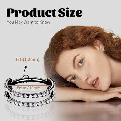 G23 Titanium Conch Piercing Jewelry Hoop: 16G 8mm/10mm/12mm Diamond Cartilage Earring Helix Double Piercing Hoop Septum Rings Hypoallergenic Nose Rings Hinged Segment Clicker Lip Rings Rook Daith Tragus Earrings - color: Black-Double Layers, Two Rows CZ