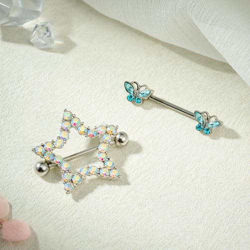 AceFun 5 Pairs 14G Nipple Rings Stainless Steel Heart Butterfly Bow Opal Flower CZ Stud Barbell Set Cute Nipplerings Shields Piercing Jewelry for Women Pink Blue Red Tone Body Jewelry - color: Blue