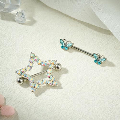 AceFun 5 Pairs 14G Nipple Rings Stainless Steel Heart Butterfly Bow Opal Flower CZ Stud Barbell Set Cute Nipplerings Shields Piercing Jewelry for Women Pink Blue Red Tone Body Jewelry - color: Blue