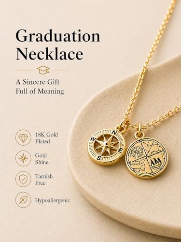 Zealmer Dainty 18K Gold Plated Compass World Map Pendant Necklace Graduation Gift for Friends - color: Compass