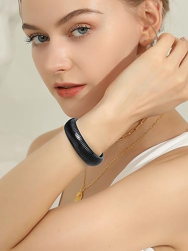 KeyStyle Bangle Bracelets For Women, Stainless Steel Stretch Bracelet Wide | 14K Gold/Rose Gold/Black/Silver Plated Flexible Wide Twisted Link Chain Wristband Jewelry, 10Mm, 16Mm, 20Mm - color: 20mm -Black