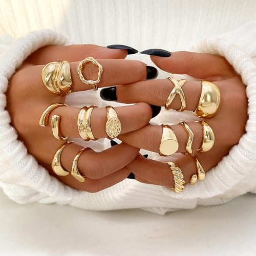 IFKM Gold Plated Jewelry Set for Women,14k Gold Plated Multi Layer Necklaces Stackable Bangle Bracelets Stackable Knuckle Rings Hoop Earrings Set Anniversary Trendy Elegance Charms Anniversary Birthday Jewelry Gift - color: Gold Chunky