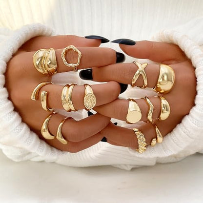 IFKM Gold Plated Jewelry Set for Women,14k Gold Plated Multi Layer Necklaces Stackable Bangle Bracelets Stackable Knuckle Rings Hoop Earrings Set Anniversary Trendy Elegance Charms Anniversary Birthday Jewelry Gift - color: Gold Chunky