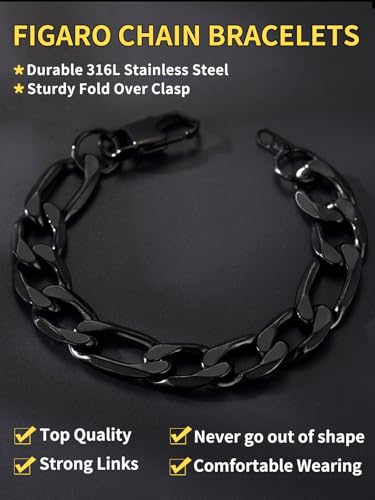 ChainsHouse Figaro Link Chain Bracelet for Men Stainless Steel Jewelry | Black/ Gold Bracelets Men, 6/9/13mm Figaro Cuabn Bracelets 7.5"/8.3", Chunky Hip Hop Wrist Hand Chain Bracelet for Gift - color: i: 13mm-black