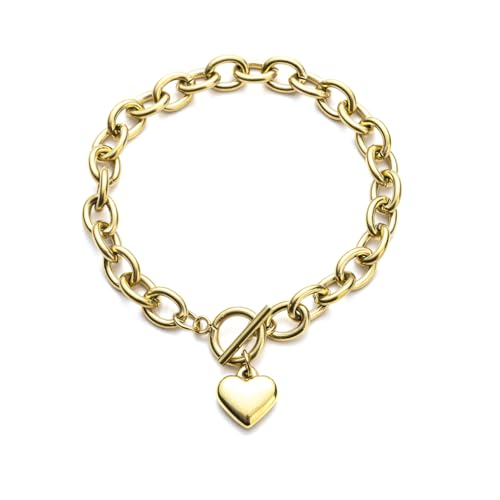 14K Gold Silver Tone Women’s Heart Charm Bracelets Toggle Clasp Stainless Steel Link Bracelet Minimalist Jewelry 7.5” - color: polish heart-gold