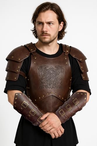 Medieval Leather Bracers Dragon Embossed Viking Leather Bracers Leather Arm Armer Cuff Leather Gauntlet Costumes Accessories - style: Buckles bracers for men-brown