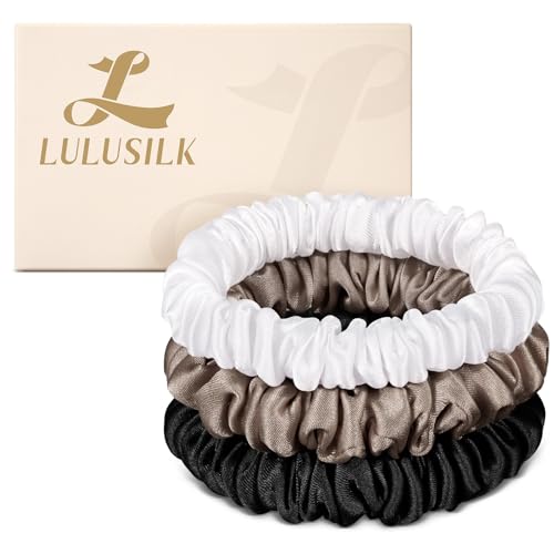 LULUSILK Small Silk Hair Ties No Damage, 100% Real Mulberry Silk, Skinny Scrunchies Ponytail Holders for Thin Fine Hair, Black White and Brown, Pack of 3 - color: Black&White&Brown