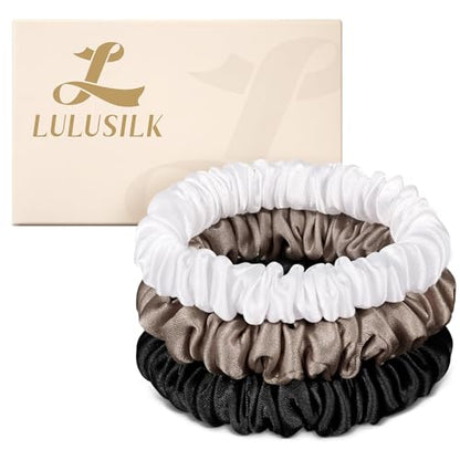 LULUSILK Small Silk Hair Ties No Damage, 100% Real Mulberry Silk, Skinny Scrunchies Ponytail Holders for Thin Fine Hair, Black White and Brown, Pack of 3 - color: Black&White&Brown