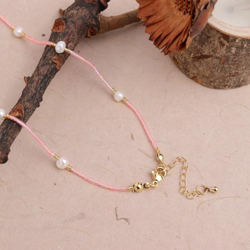 Gold Seed Beaded Necklaces for Women, Boho Handmade Adjustable Colorful Beads Choker Summer Beach Jewelry Gift. - color: Pink